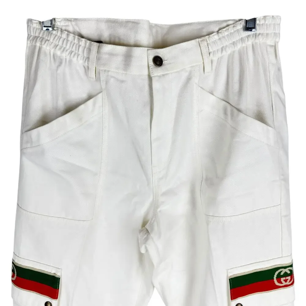 New Gucci Off White Canvas Pressed Cotton Cargo Pants Size 50